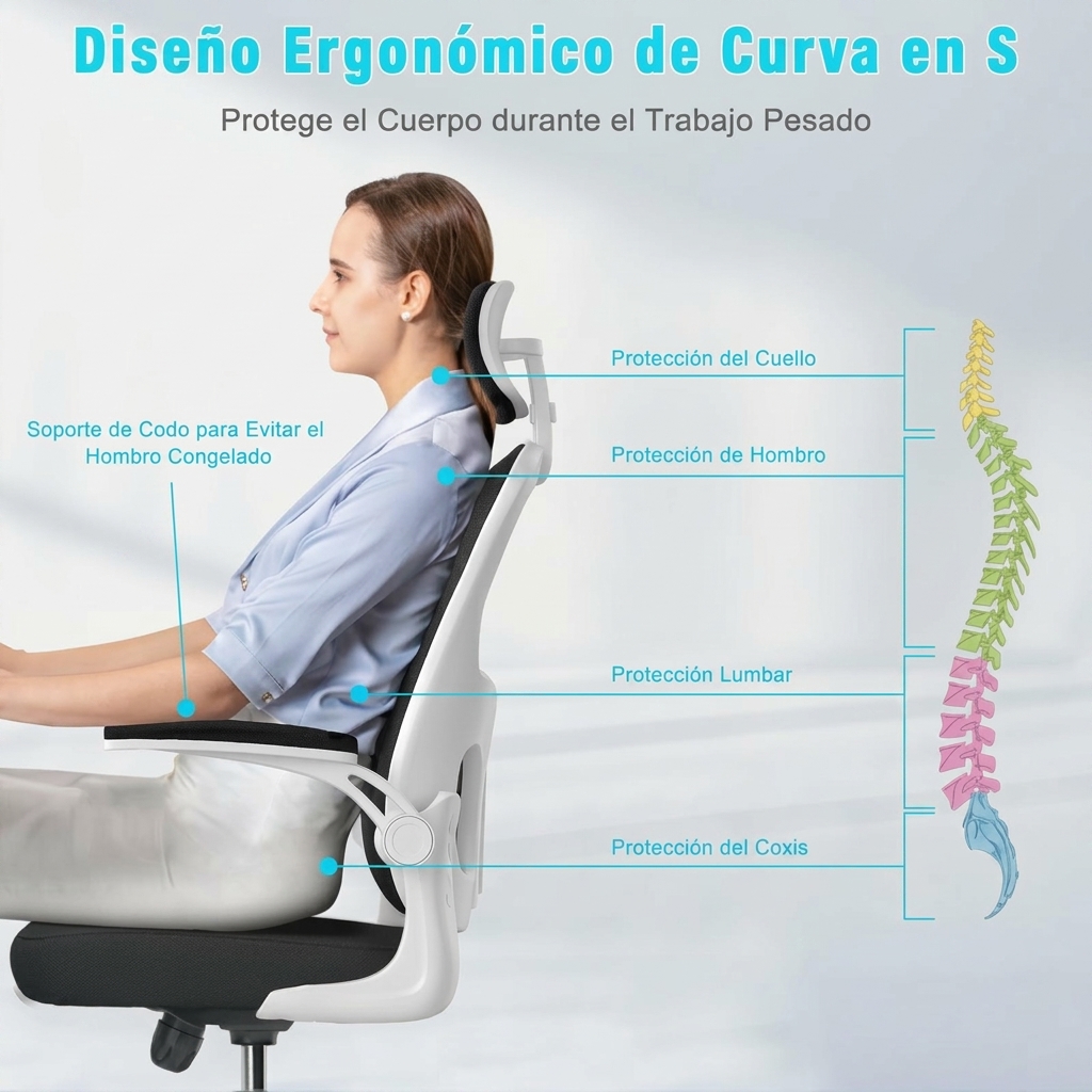 Silla de Oficina, para Gaming, Escritorio Ergonmica con Reposacabezas, Ajustable y con Soporte Lumbar Respaldo de Malla Transpirable Reposabrazos Abatibles de 90 Giratoria 360 (SF168-002) - Image 2