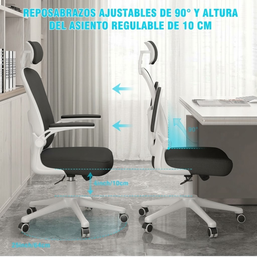 Silla de Oficina, para Gaming, Escritorio Ergonmica con Reposacabezas, Ajustable y con Soporte Lumbar Respaldo de Malla Transpirable Reposabrazos Abatibles de 90 Giratoria 360 (SF168-002) - Image 3