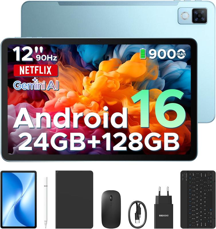 【Най-нова версия Android 16】DOOGEE U12 VIP таблет с Android 16, 12-инчов таблет, 24 GB RAM + 128 GB / до 2 TB, Gemini AI, таблет с клавиатура и стилус, 9000 mAh / 18 W, 13 MP + 8 MP, детски таблет с осемядрен процесор / Widevine L1 / OTG / Face ID.